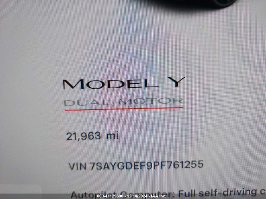 2023 Tesla Model Y Performance Dual Motor All-Wheel Drive VIN: 7SAYGDEF9PF761255 Lot: 41129890