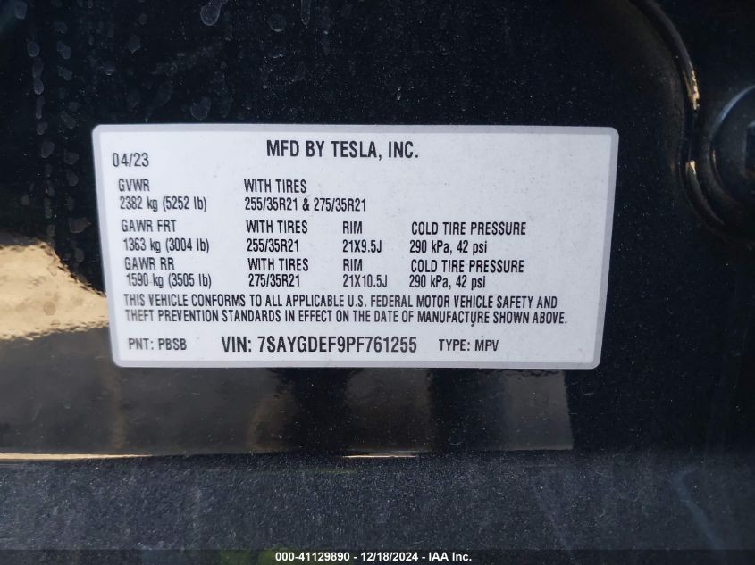 2023 Tesla Model Y Performance Dual Motor All-Wheel Drive VIN: 7SAYGDEF9PF761255 Lot: 41129890