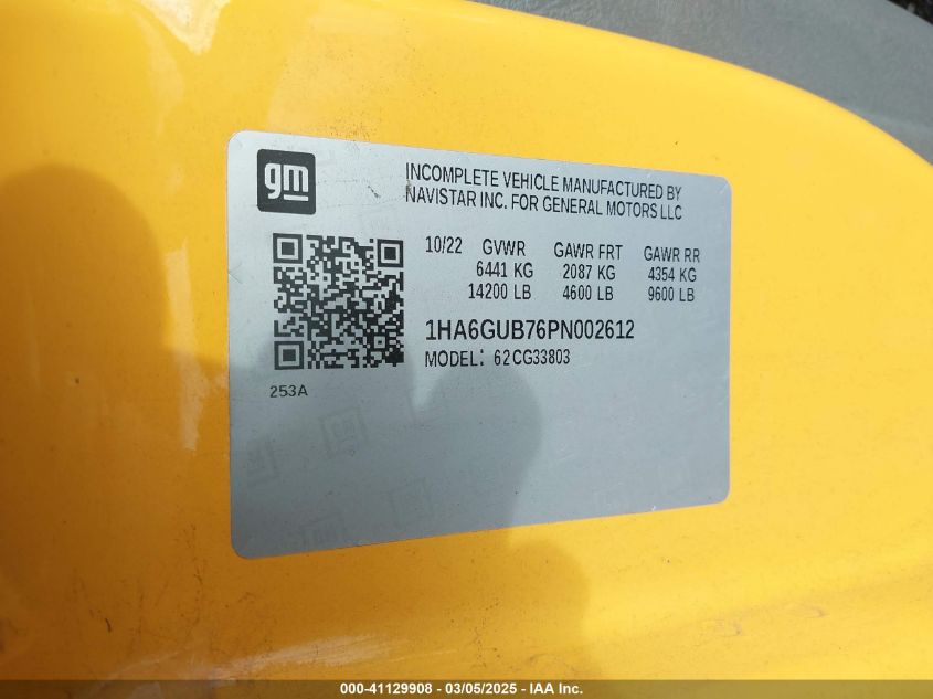 2023 Chevrolet Express Cutaway 4500 Van VIN: 1HA6GUB76PN002612 Lot: 41129908