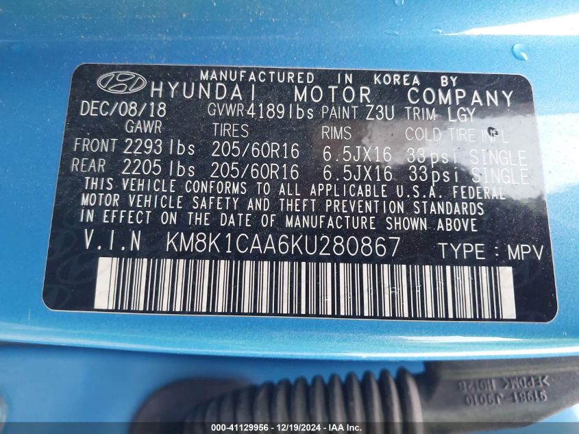 2019 Hyundai Kona Se VIN: KM8K1CAA6KU280867 Lot: 41129956