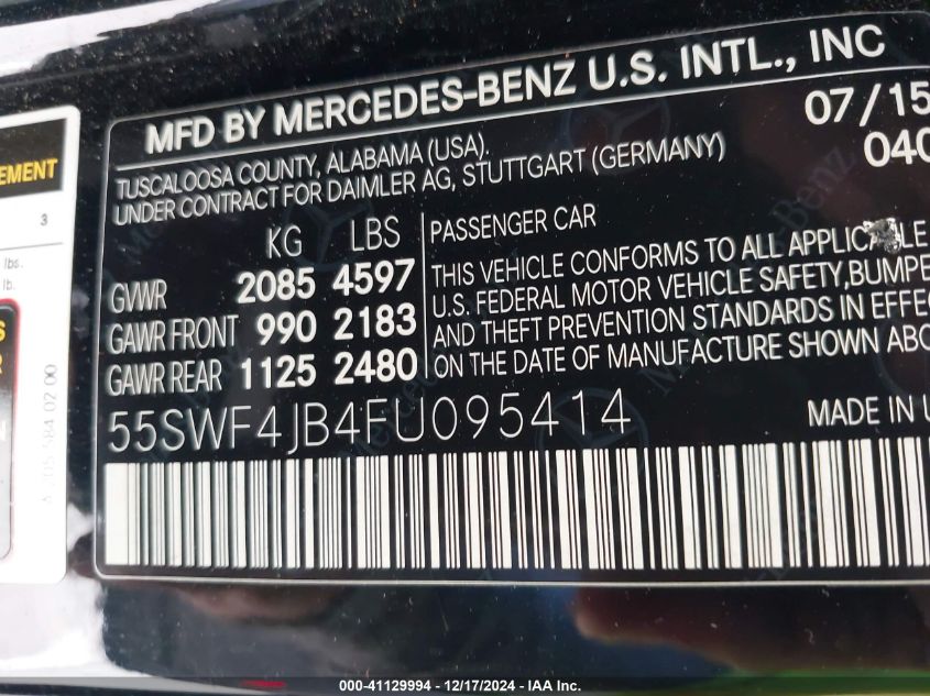 VIN 55SWF4JB4FU095414 2015 Mercedes-Benz C 300, Lux... no.9