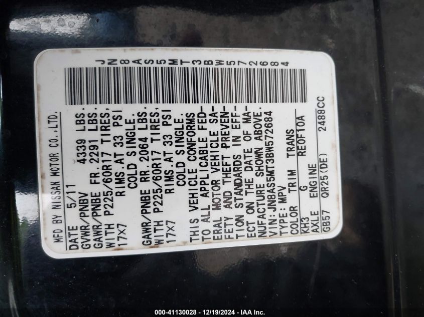 2011 Nissan Rogue Sv VIN: JN8AS5MT3BW572684 Lot: 41130028