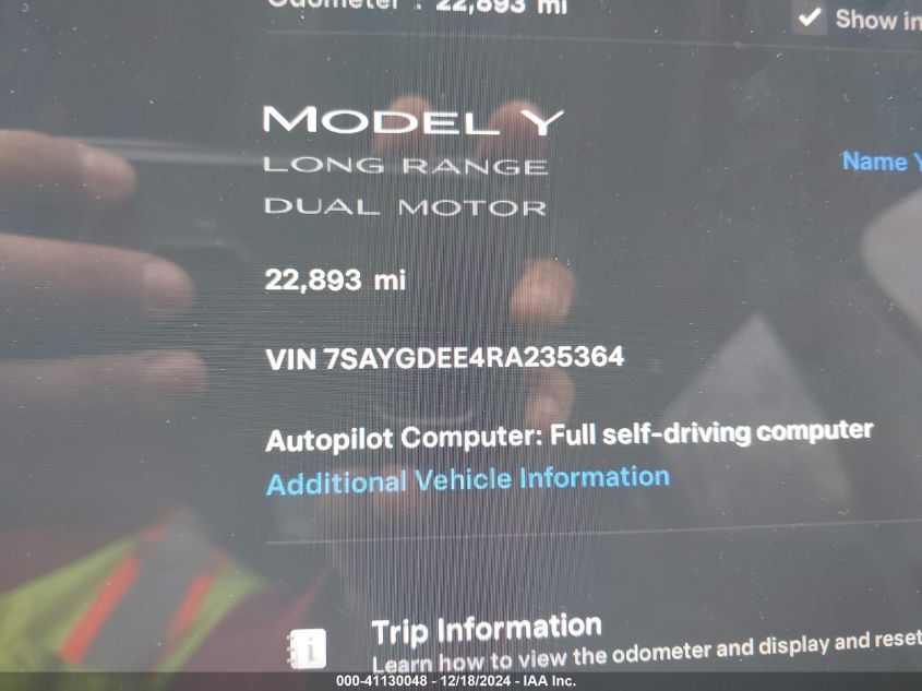 2024 Tesla Model Y Long Range Dual Motor All-Wheel Drive VIN: 7SAYGDEE4RA235364 Lot: 41130048