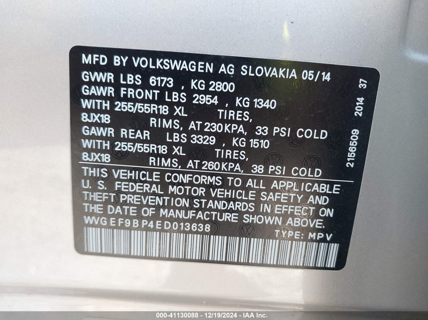 2014 VOLKSWAGEN TOUAREG 3.6L SPORT - WVGEF9BP4ED013638