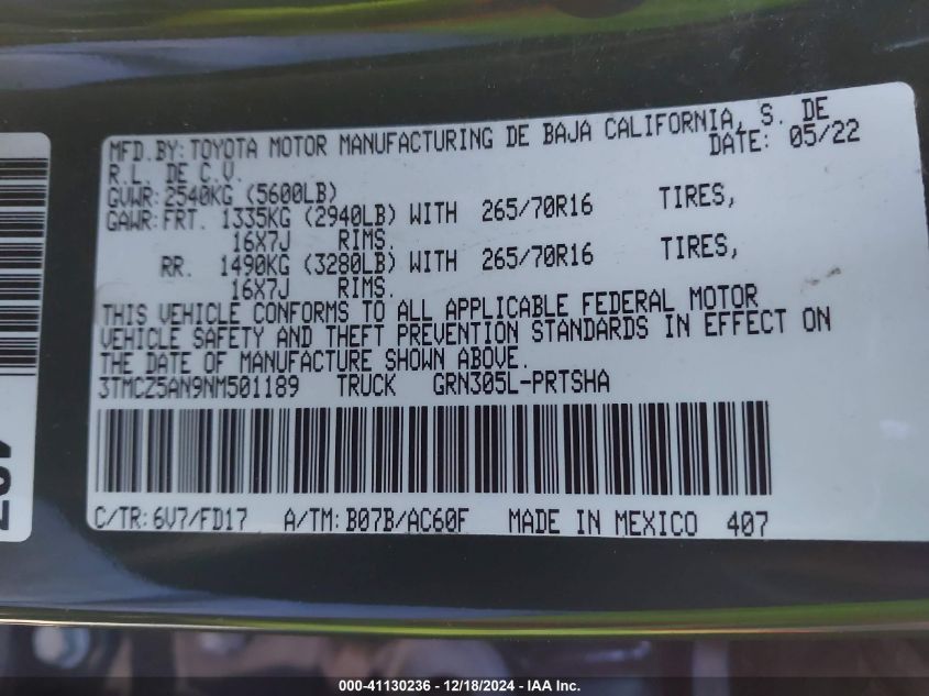 2022 Toyota Tacoma Trd Off Road VIN: 3TMCZ5AN9NM501189 Lot: 41130236