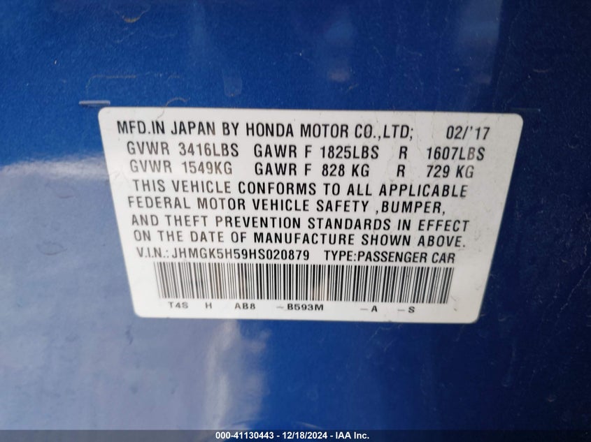 2017 HONDA FIT VIN: JHMGK5H59HS020879