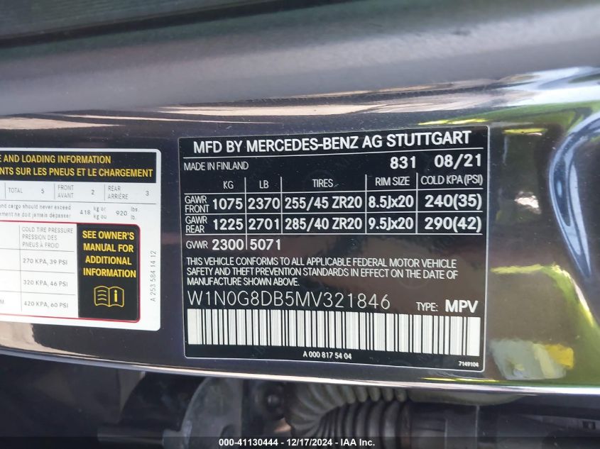 2021 Mercedes-Benz Glc 300 Suv VIN: W1N0G8DB5MV321846 Lot: 41130444