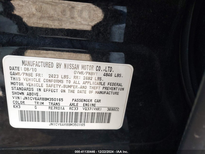 2011 INFINITI G37X VIN: JN1CV6AR8BM350165