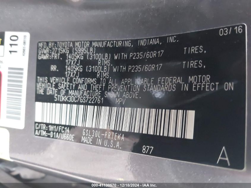 VIN 5TDKK3DC7GS722761 2016 Toyota Sienna, Le 8 Pass... no.9