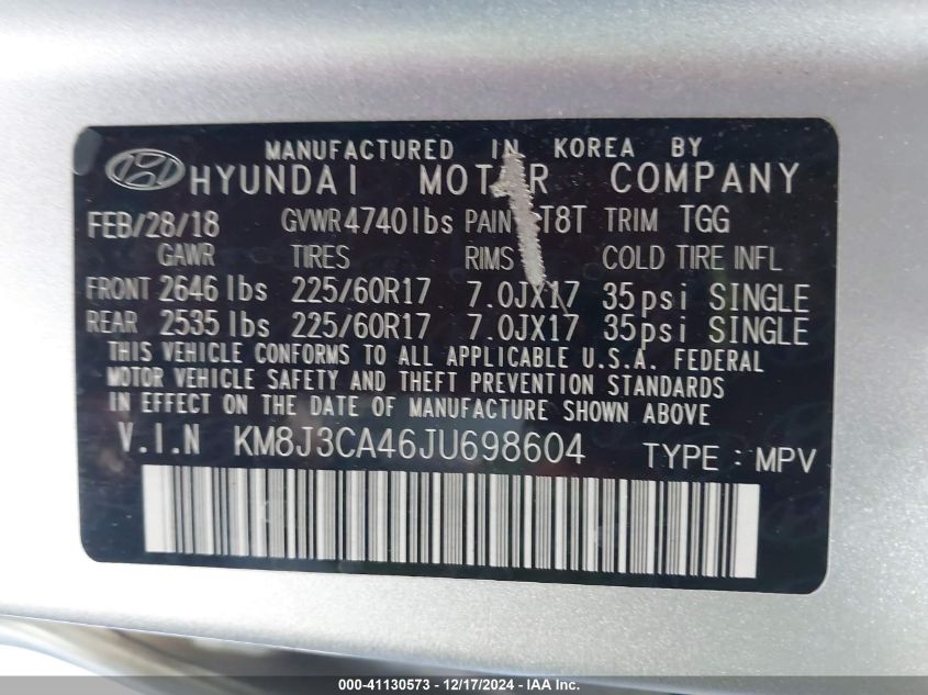 VIN KM8J3CA46JU698604 2018 HYUNDAI TUCSON no.9