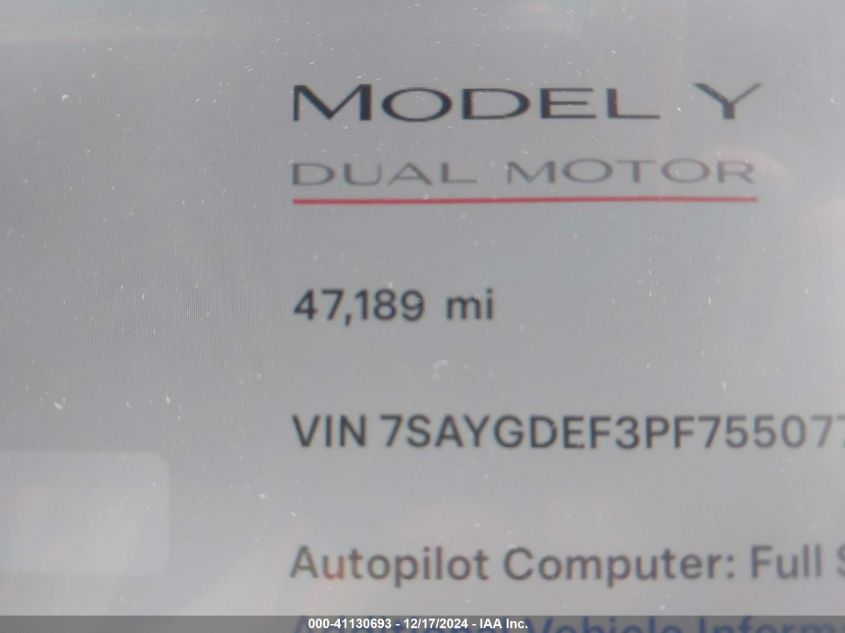 2023 Tesla Model Y Performance Dual Motor All-Wheel Drive VIN: 7SAYGDEF3PF755077 Lot: 41130693