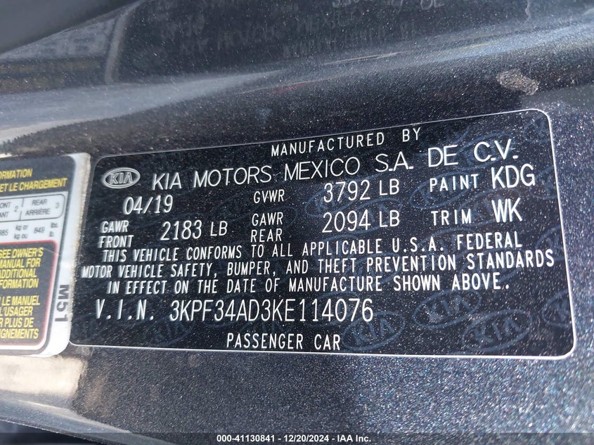 2019 KIA FORTE S - 3KPF34AD3KE114076