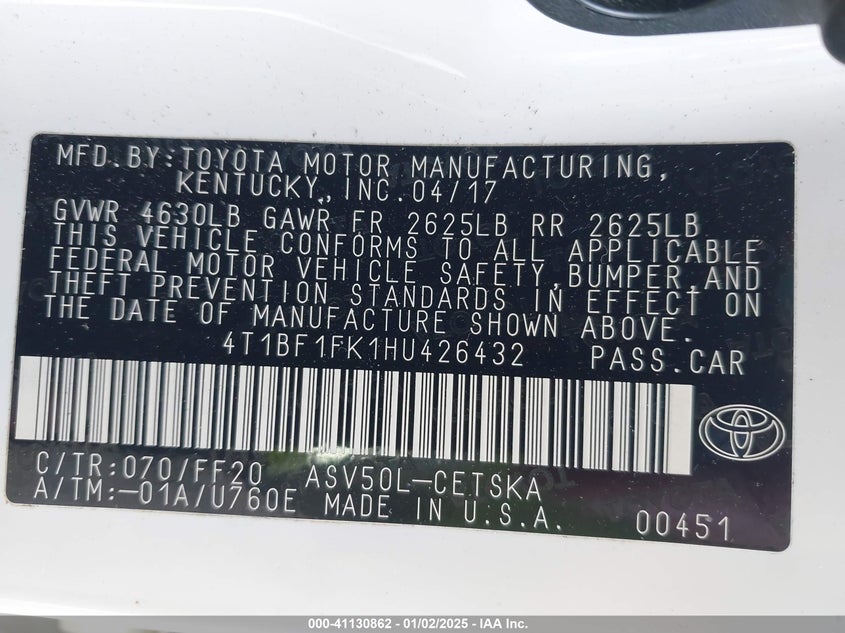 2017 TOYOTA CAMRY VIN: 4T1BF1FK1HU426432