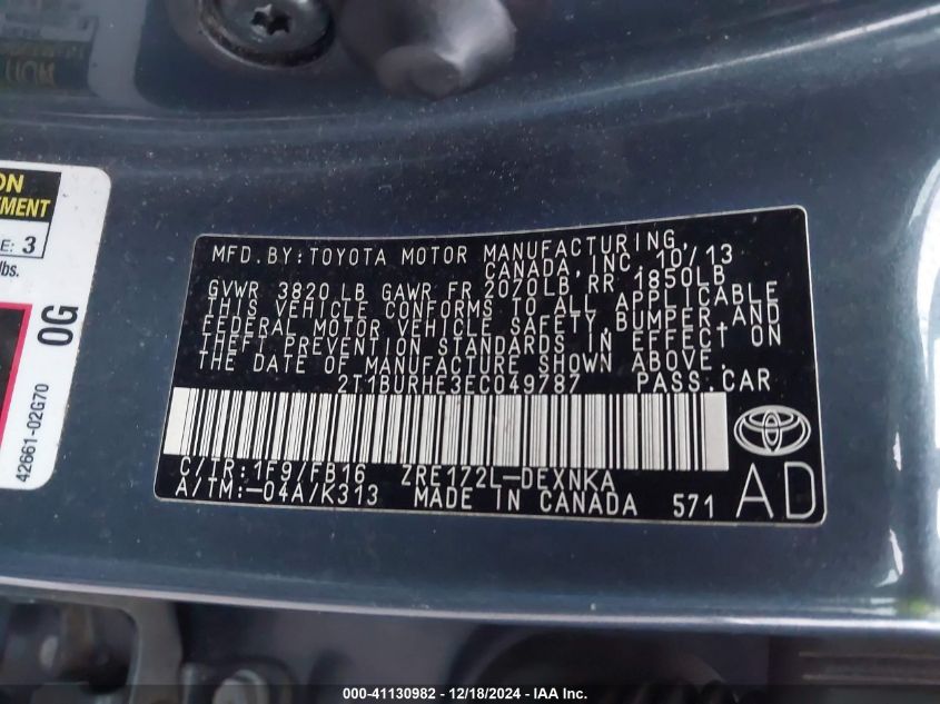 VIN 2T1BURHE3EC049787 2014 Toyota Corolla, LE no.9