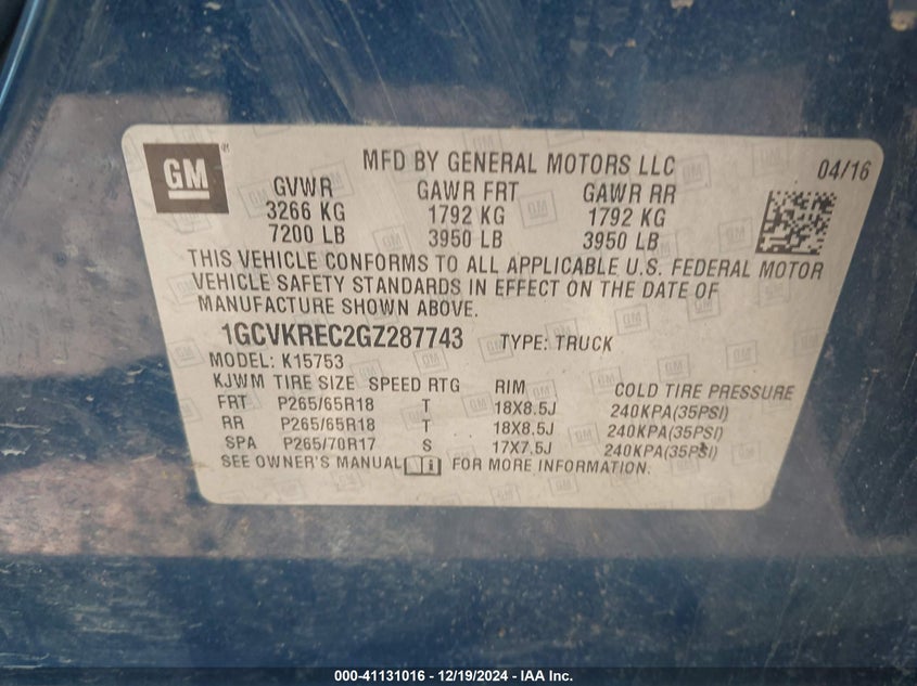 2016 CHEVROLET SILVERADO 1500 VIN: 1GCVKREC2GZ287743