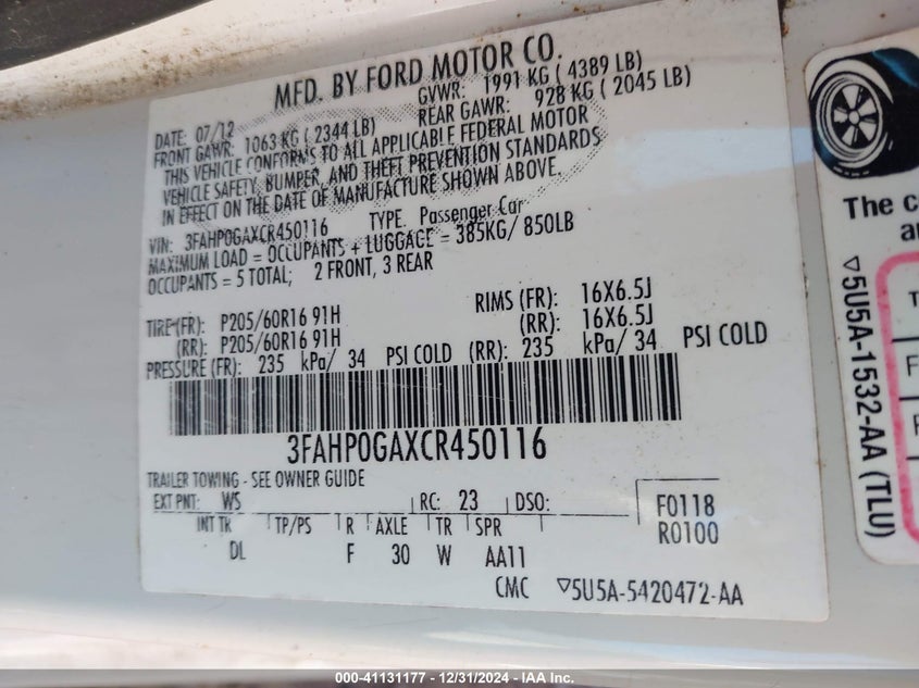 2012 FORD FUSION VIN: 3FAHP0GAXCR450116