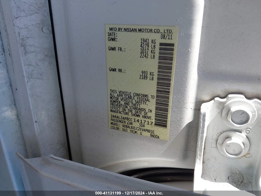 2012 NISSAN ALTIMA VIN: 1N4AL2AP8CC141717