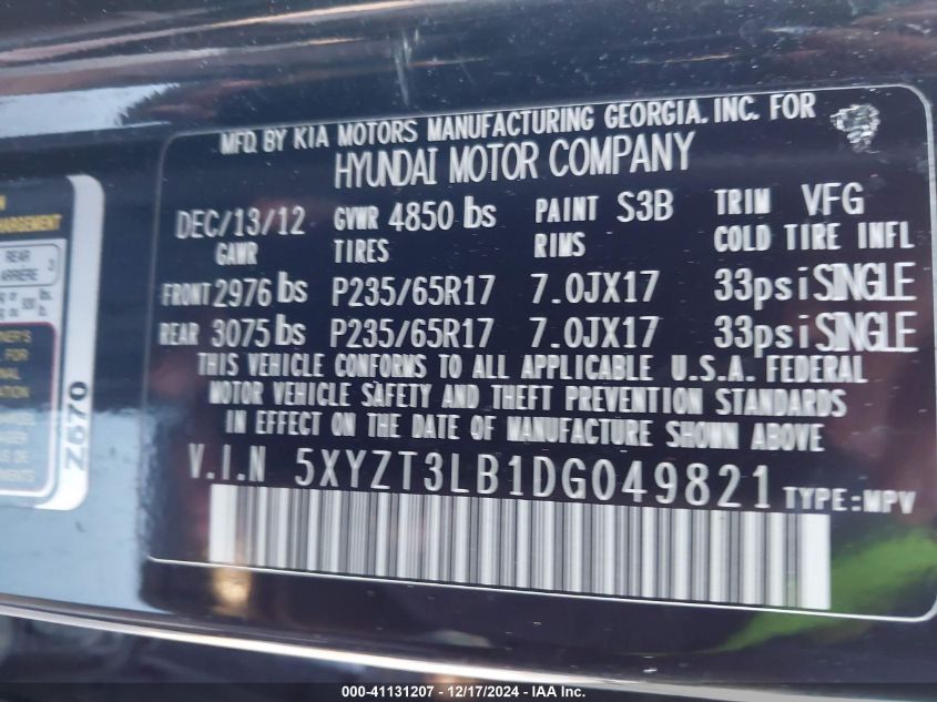 VIN 5XYZT3LB1DG049821 2013 HYUNDAI SANTA FE no.9