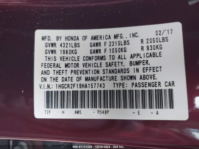 VIN 1HGCR2F19HA157743 2017 HONDA ACCORD no.9