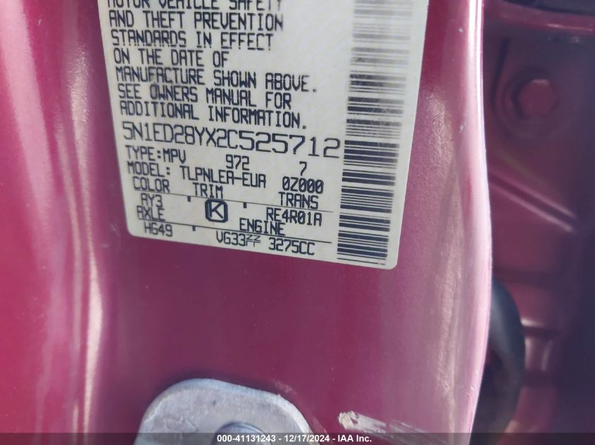 2002 Nissan Xterra Xe VIN: 5N1ED28YX2C525712 Lot: 41131243