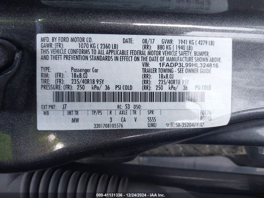 VIN 1FADP3L99HL324816 2017 Ford Focus St no.9