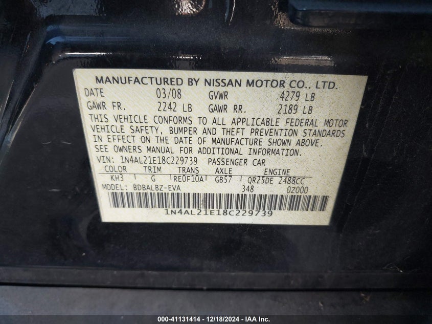 2008 NISSAN ALTIMA VIN: 1N4AL21E18C229739