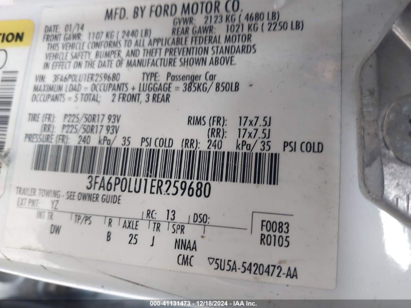 VIN 3FA6P0LU1ER259680 2014 FORD FUSION HYBRID no.9