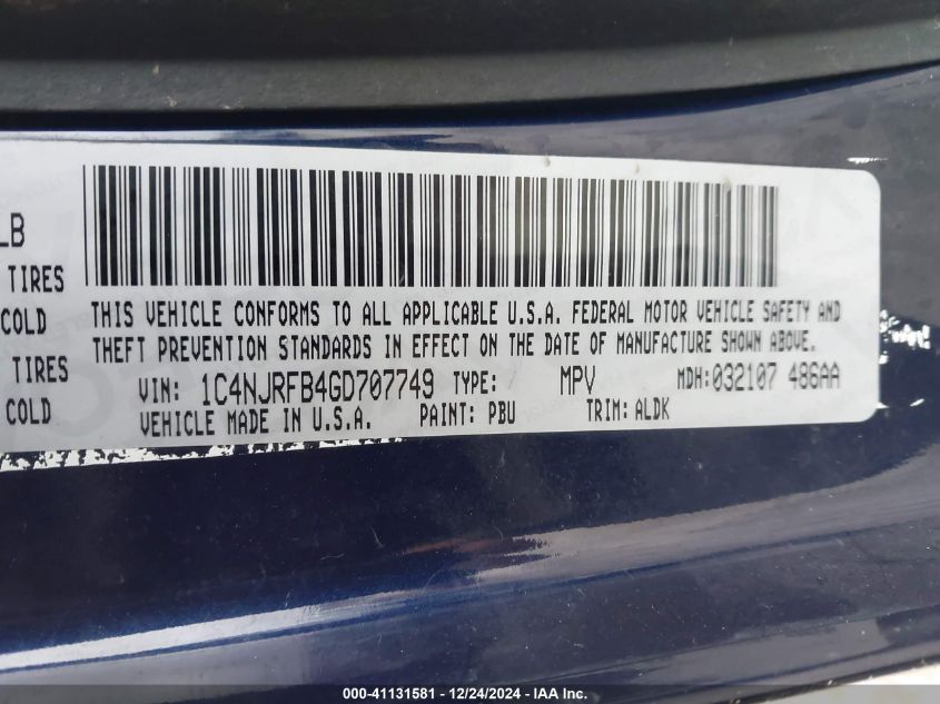 VIN 1C4NJRFB4GD707749 2016 Jeep Patriot, High Altit... no.9