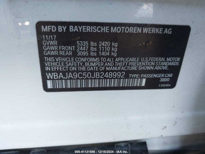 VIN WBAJA9C50JB248992 2018 BMW 5 Series, 530E Iperf... no.9