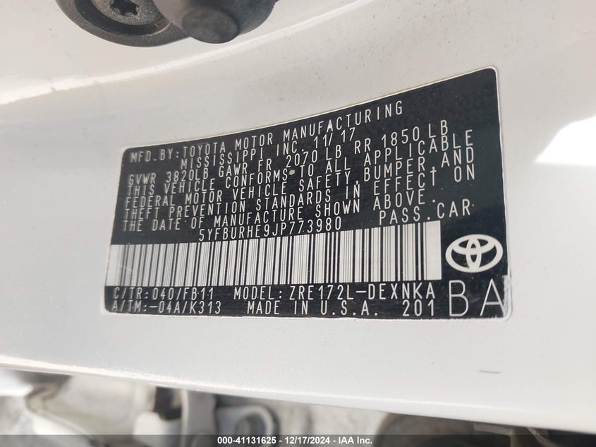 2018 TOYOTA COROLLA VIN: 5YFBURHE9JP773980