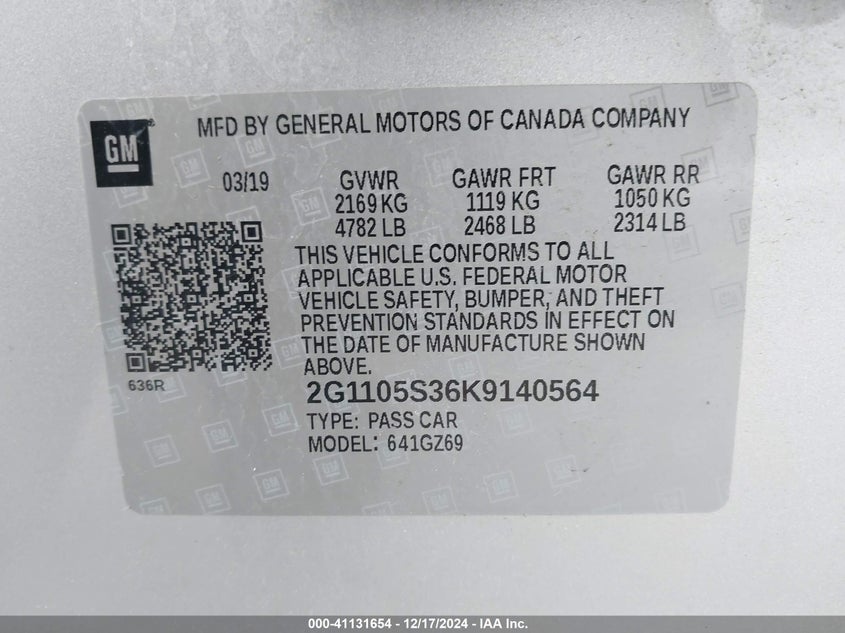 2019 CHEVROLET IMPALA PREMIER - 2G1105S36K9140564