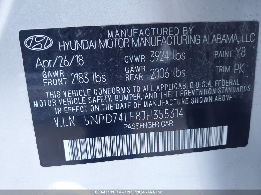 VIN 5NPD74LF8JH355314 2018 HYUNDAI ELANTRA no.9