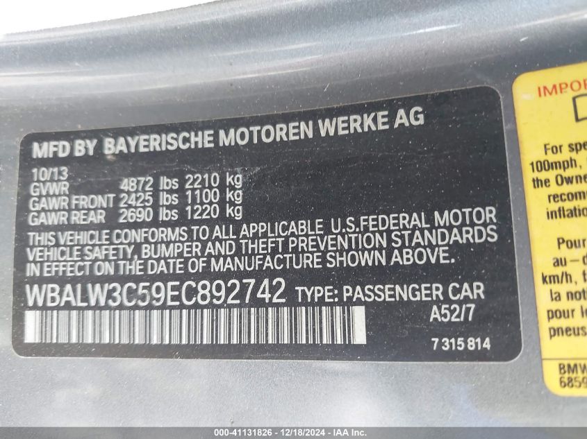 VIN WBALW3C59EC892742 2014 BMW 640I no.9