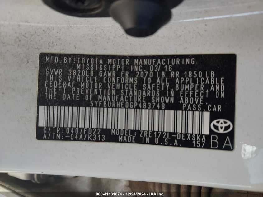 VIN 5YFBURHE0GP483748 2016 Toyota Corolla, S Plus no.9