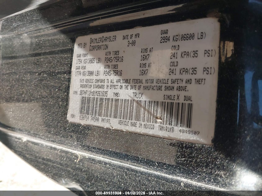 2001 Dodge Ram 1500 St VIN: 3B7HF13Y91M261635 Lot: 41131904