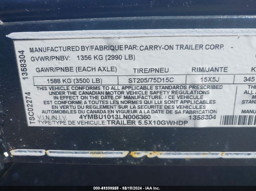 2020 Chevrolet Trailer VIN: 4YMBU1013LN006360 Lot: 41131927