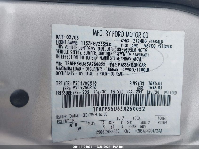 2005 Ford Taurus Sel VIN: 1FAFP56U65A260052 Lot: 41131974