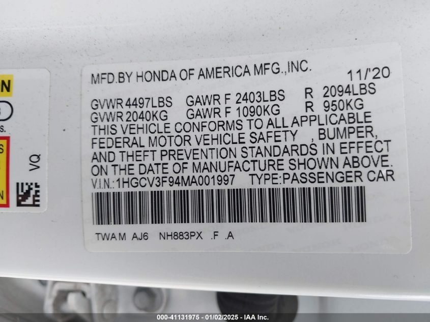 VIN 1HGCV3F94MA001997 2021 Honda Accord, Hybrid Tou... no.9