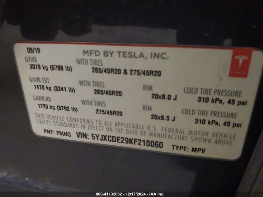 2019 Tesla Model X 100D/75D/Long Range/Standard Range VIN: 5YJXCDE29KF210060 Lot: 41132082