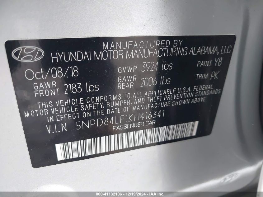 VIN 5NPD84LF1KH416341 2019 Hyundai Elantra, Sel no.9