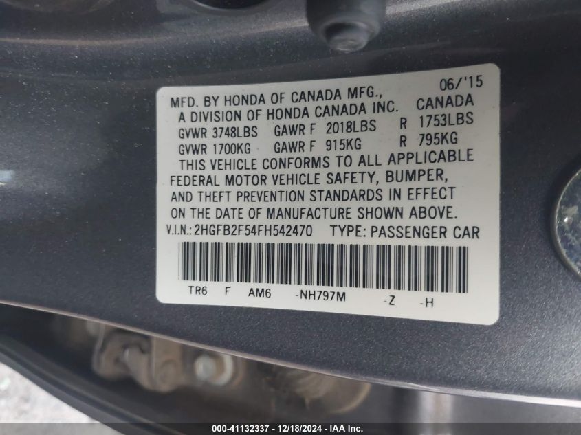 VIN 2HGFB2F54FH542470 2015 HONDA CIVIC no.9