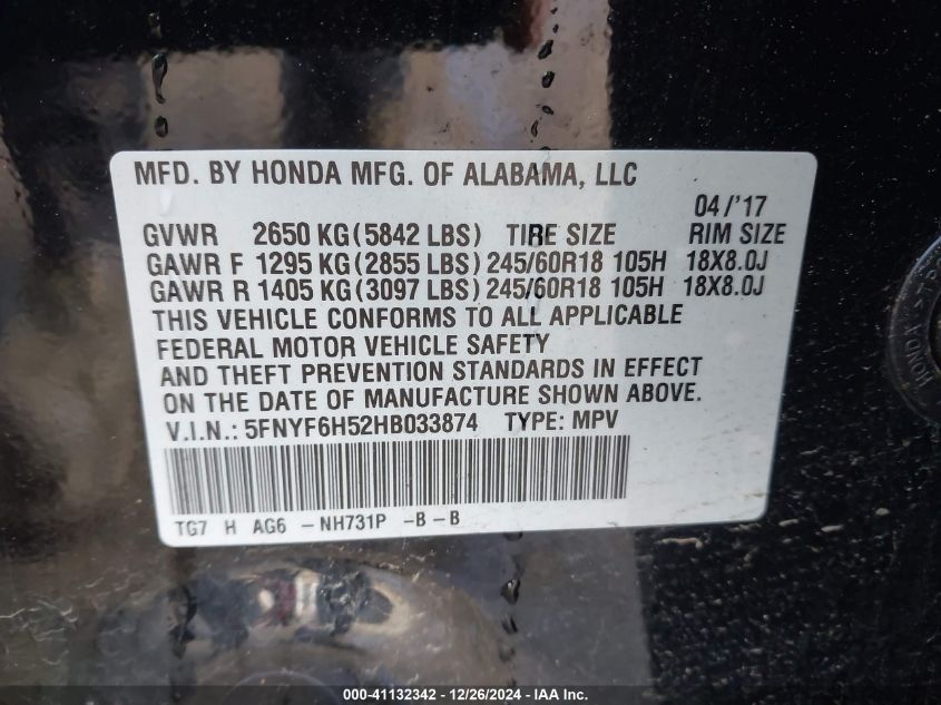 VIN 5FNYF6H52HB033874 2017 Honda Pilot, Ex-L no.9