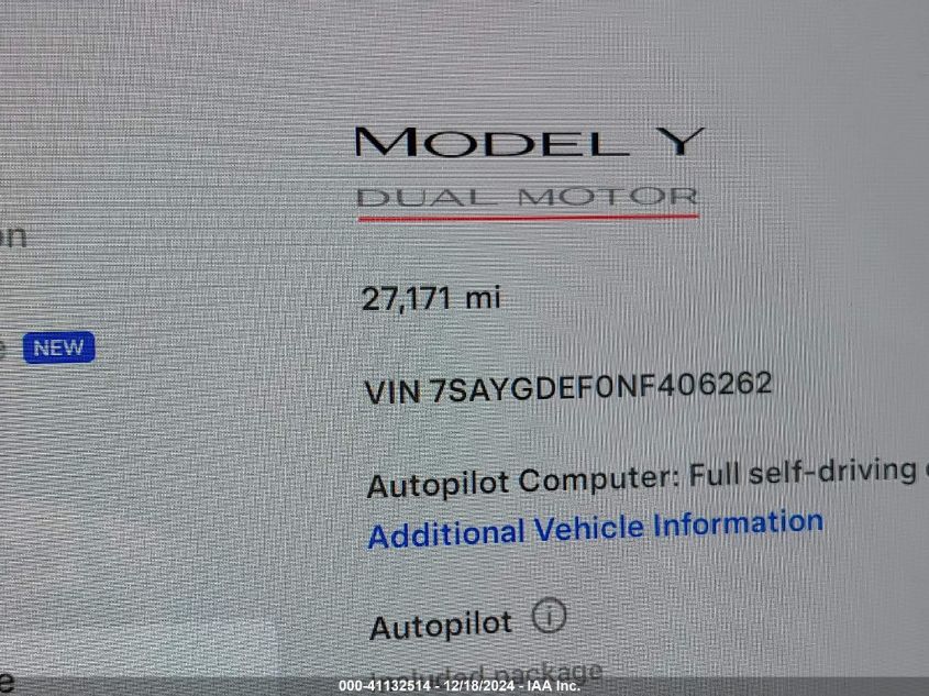 2022 Tesla Model Y Performance Dual Motor All-Wheel Drive VIN: 7SAYGDEF0NF406262 Lot: 41132514