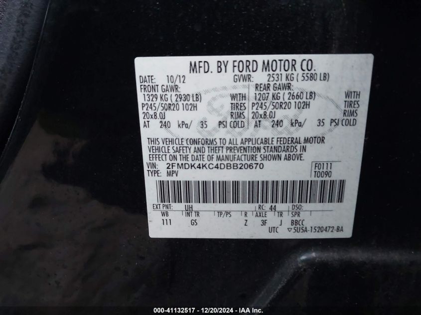 VIN 2FMDK4KC4DBB20670 2013 Ford Edge, Limited no.9