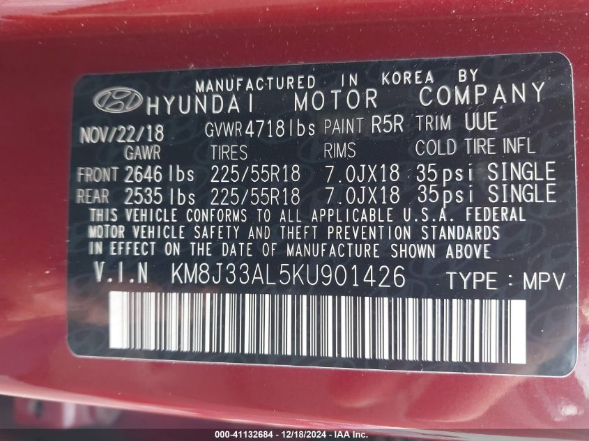 VIN KM8J33AL5KU901426 2019 Hyundai Tucson, Sel no.9