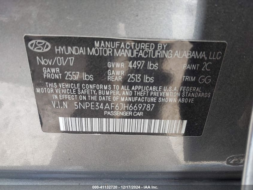 VIN 5NPE34AF6JH669787 2018 Hyundai Sonata, Sel no.9