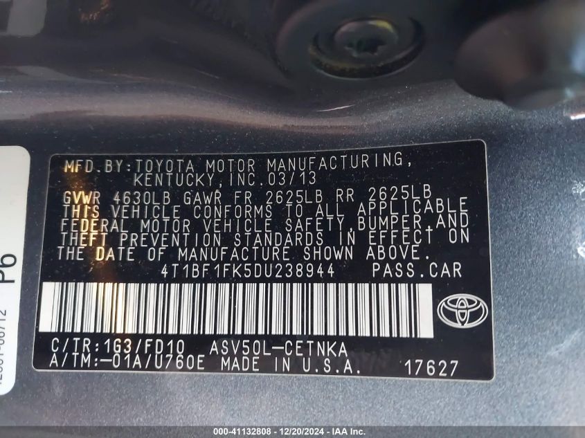 VIN 4T1BF1FK5DU238944 2013 Toyota Camry, LE no.9