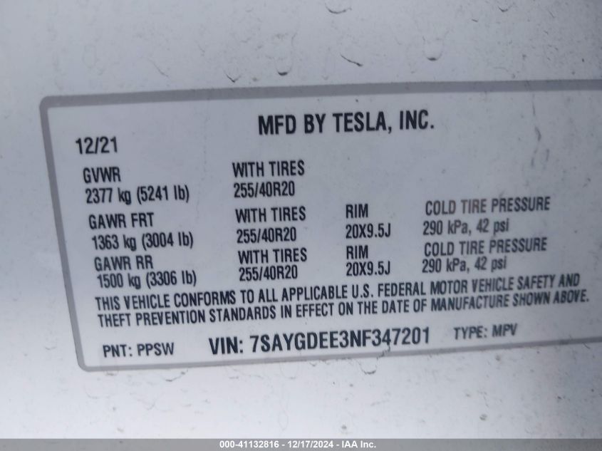 2022 Tesla Model Y Long Range Dual Motor All-Wheel Drive VIN: 7SAYGDEE3NF347201 Lot: 41132816