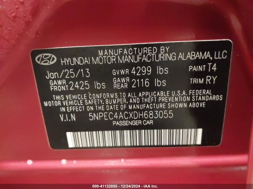 VIN 5NPEC4ACXDH683055 2013 Hyundai Sonata, SE no.9