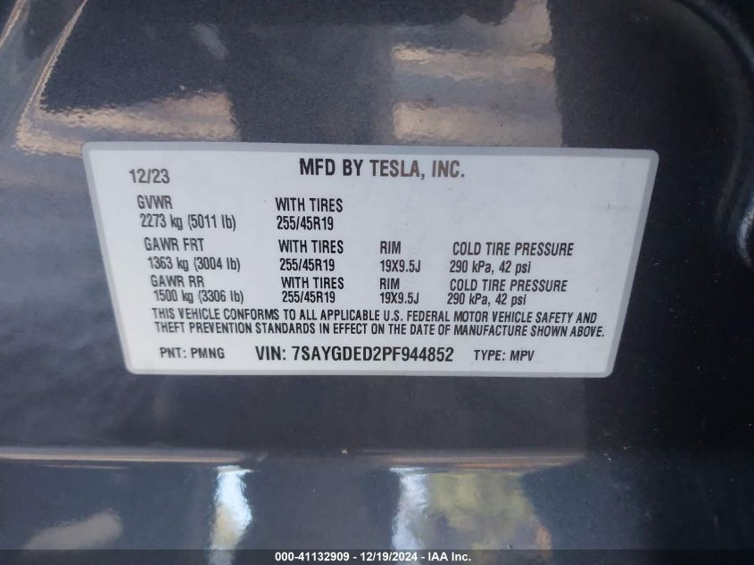 2023 Tesla Model Y Rwd VIN: 7SAYGDED2PF944852 Lot: 41132909